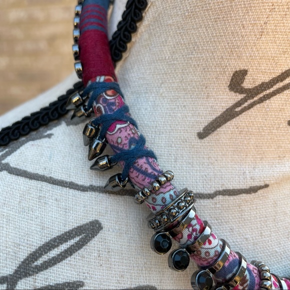 Tribal Boho Fabric, String and Metal Necklace - Picture 4 of 10
